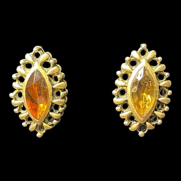 Vintage Amber Glass Marquise Stone Brass Tone Post Earrings - Picture 3 of 16